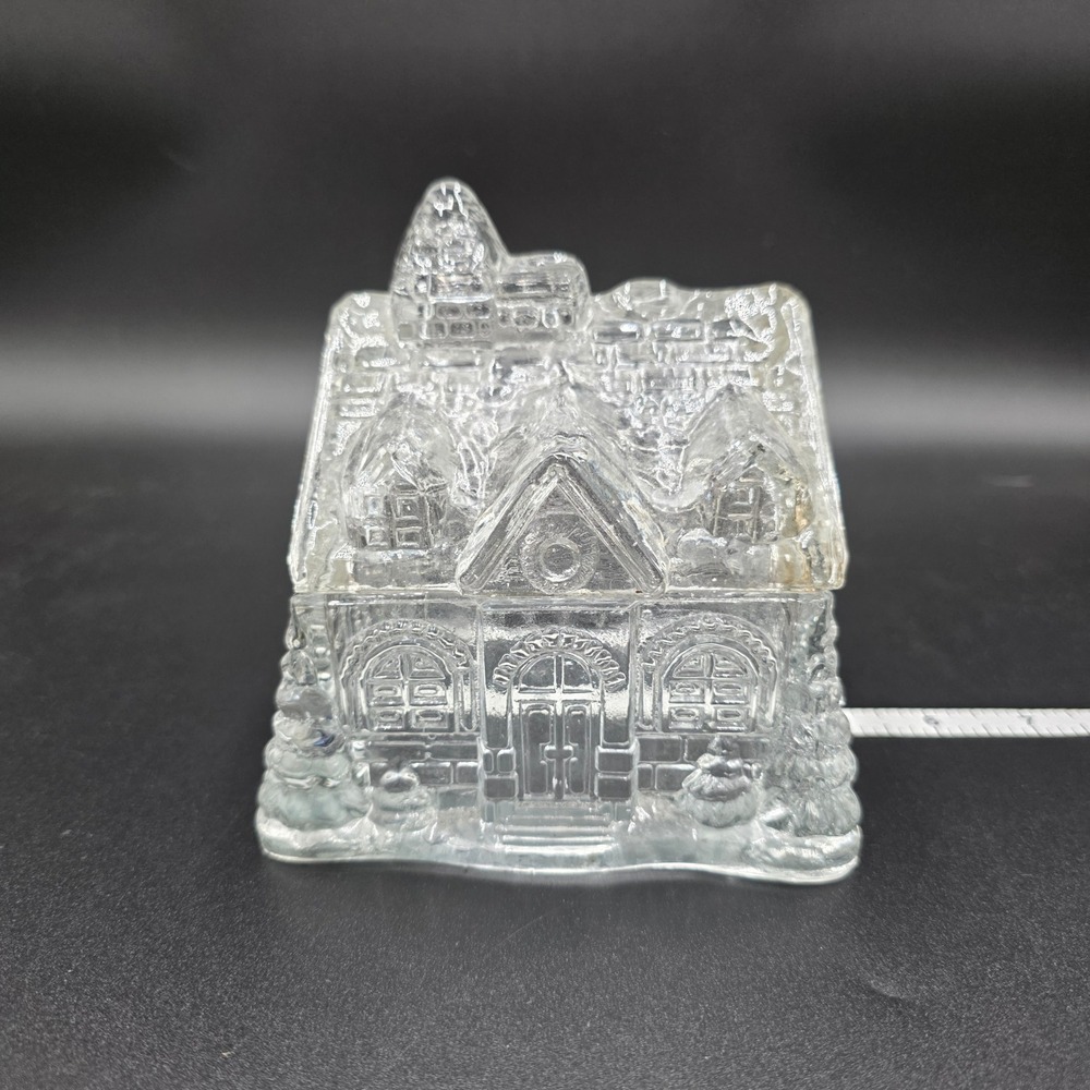 CCI Vintage Clear Pressed Glass Cottage House Trinket Box with Lid Cabin Decor